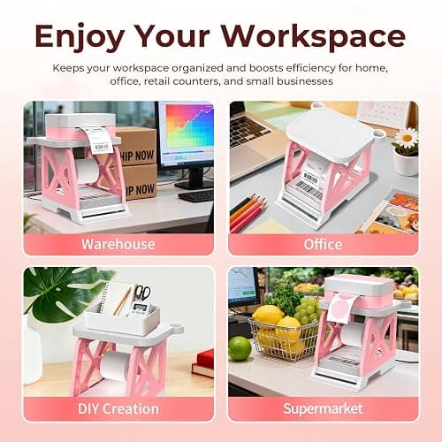 Guermok 3-in-1 Thermal Label Holder Stand for Printer Desk Organizer for Roll & Fan-Fold Labels, Cable Management, Easy Assembly for Home, Office, Retail & Small Business Pink thumbnail 6