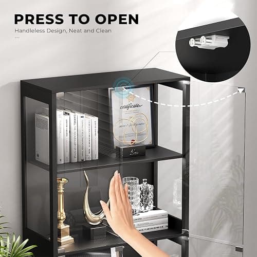 BROTTAR Display Cabinet with Glass Doors, 4-Tier Curio Cabinet with 3 Color Lights for Collectibles, Glass Display Case with Human Body Sensor, Bookcase with 4 Shelves, Storage Cabinets, Black thumbnail 3