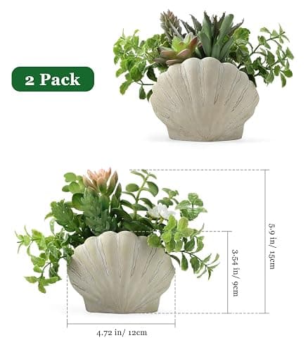 Lewondr Fake Plants Set of 2, Assorted Faux Succulents Artificial Plants with Sea Shell Pots, Artificial Greenery in Coastal Beach Decor, Ocean Seashell Series for Home Bedroom Beach Theme Party thumbnail 2
