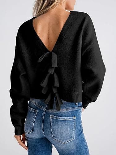 Saodimallsu Womens Bow Sweater Cropped V Neck Long Sleeve Fall Cozy Knit Loose Trendy Pullover Sweaters thumbnail 5