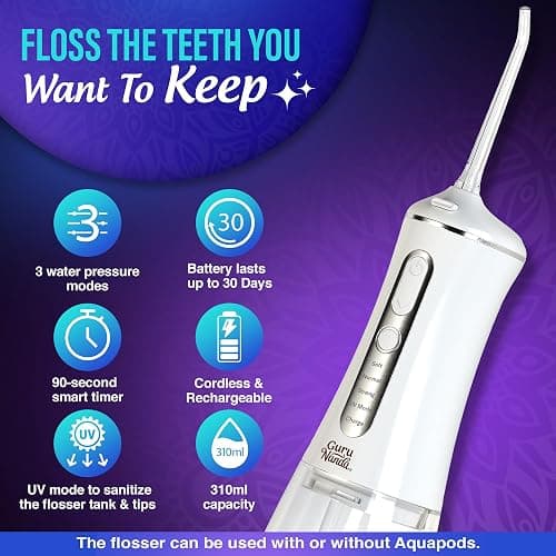 GuruNanda Advanced Dental Water Flosser 3.0 with UV Mode Water Flosser & 24 Aquapods with Mouthwash for Fresh Breath & Plaque Removal, Compact & TSA-Approved thumbnail 4