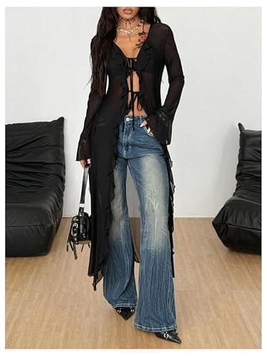SweatyRocks Women's Sheer Mesh Y2K Tie Front Tops Bell Sleeve See Through Going Out Tops Party Outfits thumbnail 2