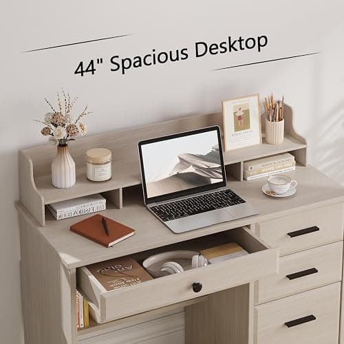 4 EVER WINNER Small Desk with Drawers, Computer Desk with File Cabinet & Monitor Stand, Home Office Desks with Drawers, Wood Writing Desk for Bedroom, Off White thumbnail 3