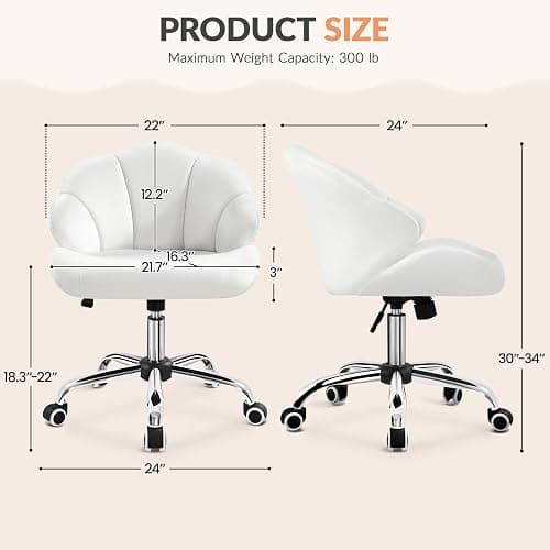 Yaheetech Cute Velvet Desk Chair Shell-Shaped Back Vanity Chairs Modern Swivel Desk with Wheels Adjustable Height for Home Office Bedroom White - White thumbnail 3