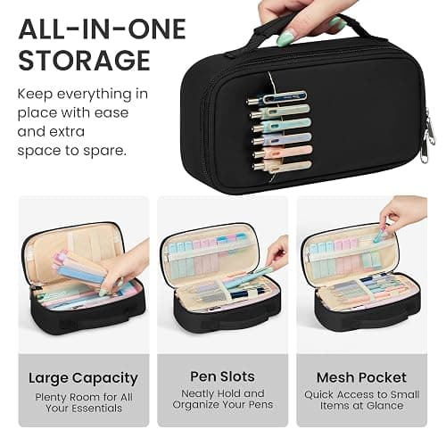Cute Pencil Case With Supplies, 39 PCS Aesthetic Stationery Set with Pencil Pouch, 6 Black Ink Gel Pens, 12 Pastel Highlighters, 5 #2 HB Pencils, 4 Mechanical Pencils, Back to School Supplies - Black thumbnail 2