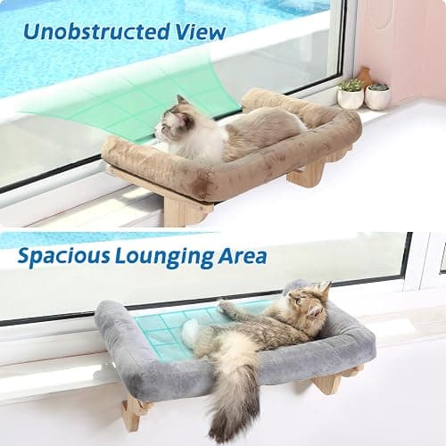 Zakkart Cat Perch for Window Sill with Bolster - Orthopedic Hammock Design with Premium Hardwood & Robust Metal Frame - Cat Window Seat for Large Cats - Natural Color Wood Gray Bed, 26.4''W thumbnail 2