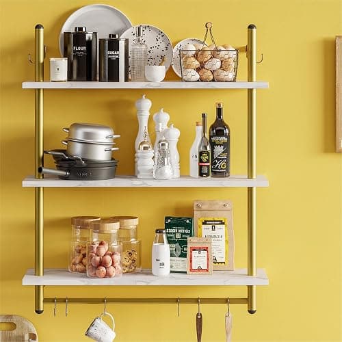 Bestier 31" Industrial Pipe Shelving, Floating Kitchen Wall Shelves 3 Tier Coffee Bar Shelves for Wall with 8 Hooks, Hanging Display Shelf Bookshelf for Living Room Bathroom, White Marble thumbnail 3
