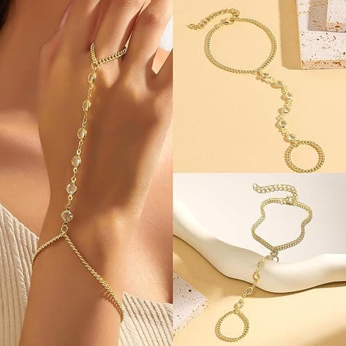 YixNahz 6 Pieces Gold Finger Ring Bracelet for Women Trendy 14k Gold Plated Womens Adjustable Cute Rings Hand Chain Link Bracelets Set for Women Jewelry Gifts Daily Accessories on Summer Beach thumbnail 2