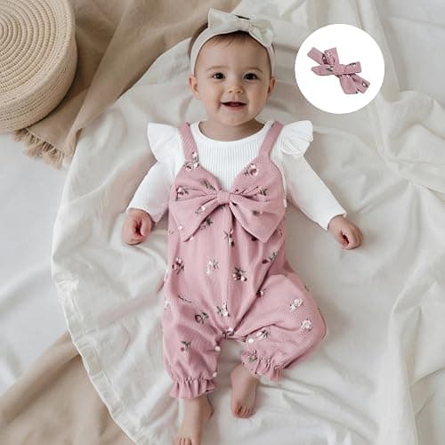 Geagodelia Corduroy One Piece Baby Girl Clothes with Headband | Cotton Blend, Newborn Baby Grow, Long Sleeve Floral Print Romper, Baby Girl Gifts, Baby Girl Coming Home Outfit thumbnail 2