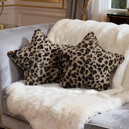 Fumete 2 Pcs 16 Inch Leopard Print Star Pillow Cheetah Throw Pillows Faux Fur Plush Star Room Decor 3D Throw Stuffed Cushion Vintage Decorative Decoration for Bedroom Sofa Chair - Image 1