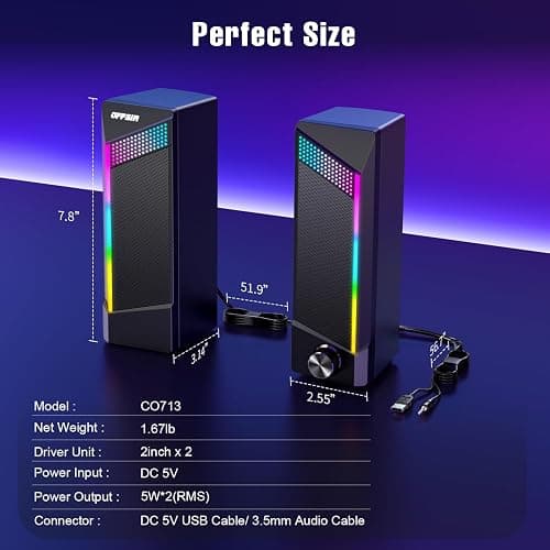 Computer Speakers, 2 in 1 PC Speaker , Gaming Speakers for PC Computer Laptop Desktop Monitor, RGB Speakers with Touch Sensitive Lighting, USB Powered 3.5mm Aux（Package Only Two Speaker, No Soundbar） thumbnail 6