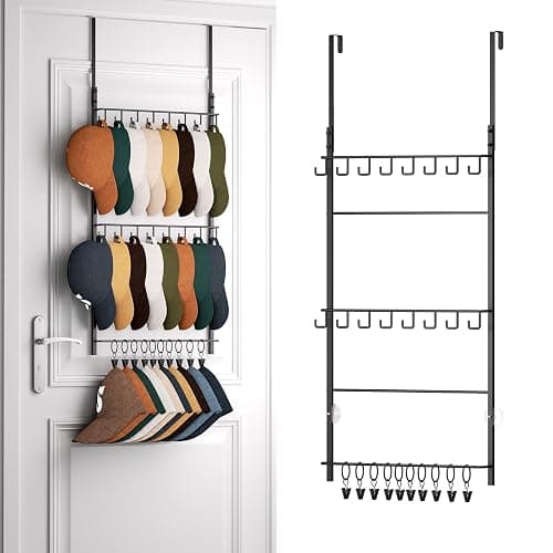 HapiRm Over Door Hat Rack - 3 Tier Wall Mounted Hat Organizer with 16 Hooks and 10 Movable Clips, Baseball Cap Organizer Storage Holds up to 26 Caps for Door, Bedroom, Closet USPTO Patent Pending - Image 1