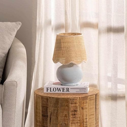 BoutiqueRugs Navarro Boho Ceramic Bedside Table Lamp for Bedroom Nightstand and Living Room - Shade Rattan - Blue, Beige - 13" H - Image 1