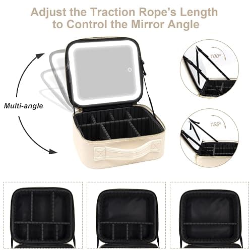 Jadazror Portable Travel Makeup Bag with Lighted Mirror, 3 Color Brightness, Beige thumbnail 5