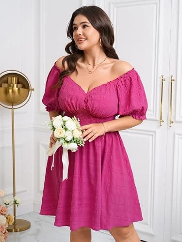 SCOMCHIC Womens Plus Size Summer Dresses Casual Sun Dress Sweetheart V Neck Puff Short Sleeve Smocked A Line Mini Dress thumbnail 5