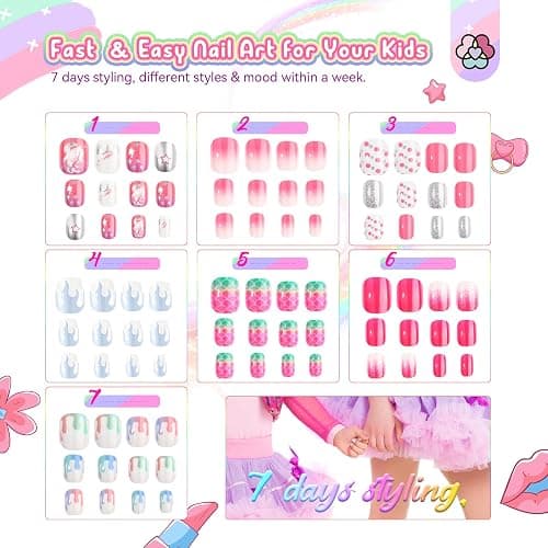 SAVILAND 168Pcs 7 Pack Press on Nails for Kids Children Fake Nails Stick on Nails Pre-glue Full Cover Glitter Gradient Color Star Short Acrylic Nail Tips Nail Art Christmas Easter Gifts for 8-12 Year thumbnail 2