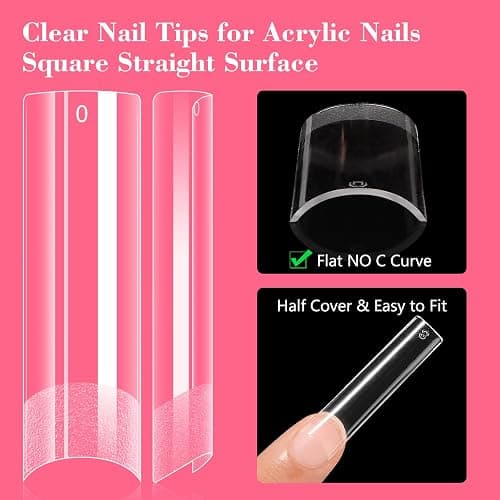 Lionvison Square Nail Tips NO C Curve, XL Clear Nail Tip for Acrylic Nails Professional, Long Nail Tips Straight Flat Pre Shaped Half Cover False Nails French Tips for Nail Salon Home DIY, 12 Sizes thumbnail 3