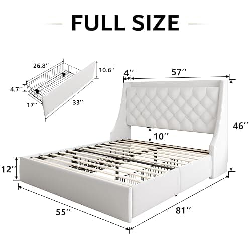 iPormis Full Size Bed Frame with 4 Storage Drawers, Upholstered Platform Bed Frame with Type-C & USB Ports, Wingback Storage Headboard, Solid Wood Slats, No Box Spring Needed, White thumbnail 2