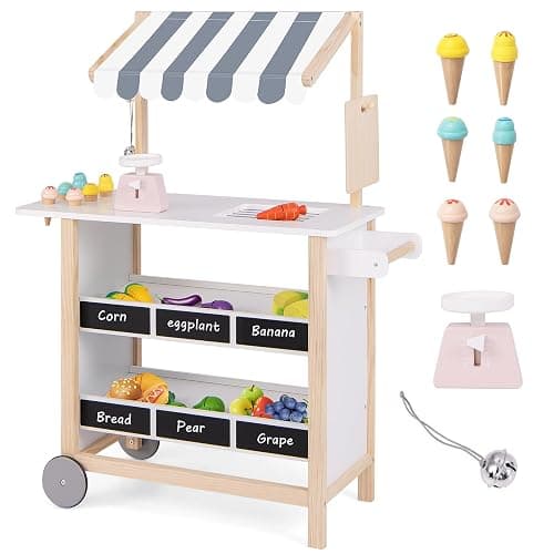 HONEY JOY Kids Ice Cream Cart, Wooden Grocery Store Playset w/6 Pieces Play Food, Realistic Bell & Food Scale, Chalkboard, Pretend Play Dessert Shop Counter Stand Truck, Gift for Boys Girls - Image 1