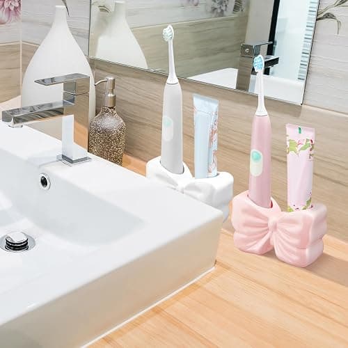 Teenyyou 2 Pieces Coquette Bow Toothbrush Holder, Cute White and Pink Bowtie Toothbrush Holder, Coquette Bowknot Design Ceramic Bathroom Decor, Bathroom Countertop Supplies for Home thumbnail 5