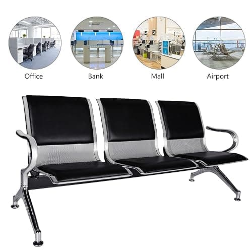 Waiting Room Chairs Guest Reception - 3-Seat Waiting Room Bench with Arms Airport Reception Bench Guest Reception Chairs PU Leather Office Chair for Airport Market Bank Hospital School, Black - Black Leather - 3-seater thumbnail 5