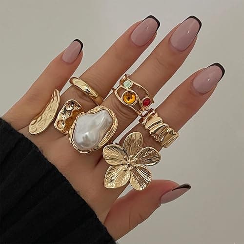 Otxas Chunky Rings for Women Adjustable Statement Rings Baroque Pearl Flower Ring Stackable Rings Set 6Pcs Chunky Jewelry thumbnail 2