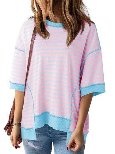 Tankaneo Womens Oversized T Shirts Striped Color Block Cotton Tops Summer Casual Half Sleeve Loose Fit Crewneck Sweatshirts thumbnail 2