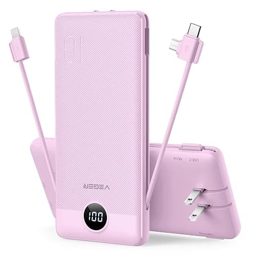 VEGER Portable Charger Power Bank with Built-in AC Plug and Cables, All in One 10000mAh Ultra Slim Travel Essentials, Fast Charging Battery Pack Compatible with iPhone, Samsung, Android, Purple - Image 1