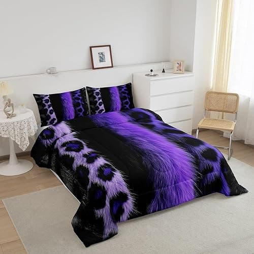 jejeloiu 3D Purple Leopard Bedding Set Queen Size Adult Leopard Comforter Set for Boys Girls Animal Print Duvet Set Wild Animal Fur Quilt Set 3Pcs thumbnail 3