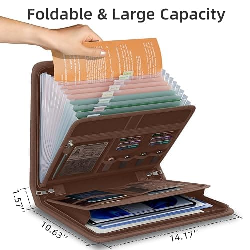 Fireproof Accordion File Organizer, Portable Expanding File Folder with Waterproof Zipper&Labels, Brown Document Organizer with 13 Pockets, File Organizer for Important Document/Paper Storage thumbnail 3