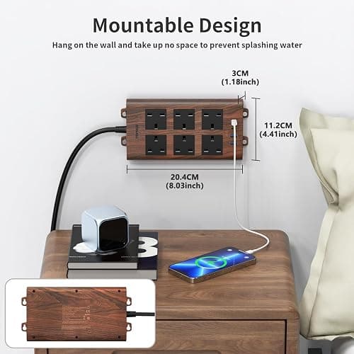 TOPREK Wood Grain 6 Way Extension Lead with USB Slots, Surge Protection, 2USB-A & 2USB-C & 1 Switch, 13A/3250W, Brown Extension Cable 2M for Home Office Kitchen thumbnail 5