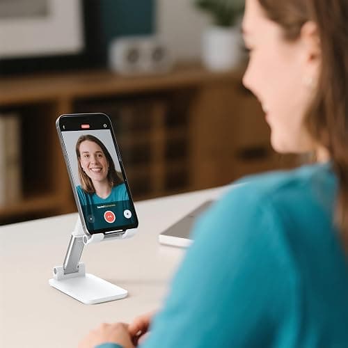 HZZADZXW Cell Phone Stand, Adjustable Angle and Height Cell Phone Holder for Desk, Foldable and Portable, Anti-Slip Silicone Pad, Compatible with All Mobile Phones and 4-8 Inch Devices, White thumbnail 3