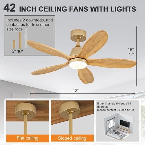 KENSID 42 Inch Wood Ceiling Fans with Lights and Remote, Modern Indoor Outdoor Ceiling Fan with Light for Patio Kitchen Dining Room, Dimmable, 5 Blades, Reversible DC Motor, Memory Function (Gold) thumbnail 3