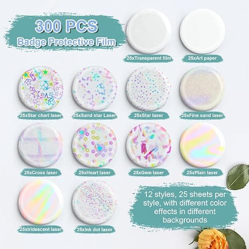 300 Pcs Badge Protective Film, Button Maker Supplies Glittering Film, with 1 Gasket,10 Styles Holographic Glitter Film,1 Style Clear & 1 Style Blank Paper for 2.25 Inch 58mm Button Maker Machine (300) thumbnail 3