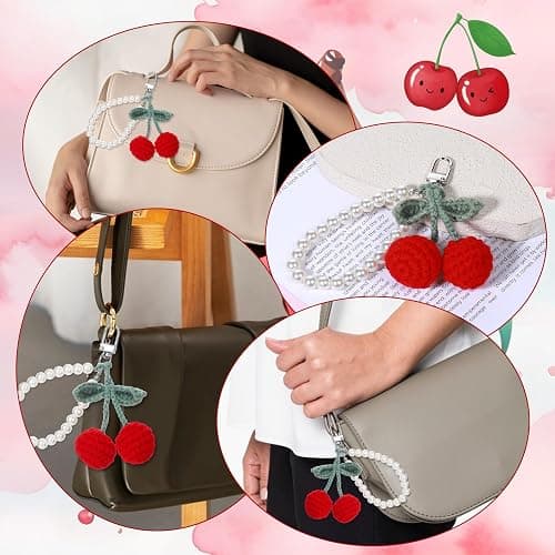 Apausvcm Cherry Pearl Keychain, Kawaii Cherry Crochet Key Chains Accessories Handmade Weaving Cute Car Rearview Mirror Hanging Accessories Bag Purse Charms for Handbags Backpack Women Girls Gift thumbnail 6
