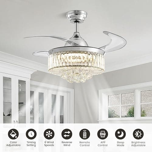 36" Fandelier, Crystal Ceiling Fan with Lights and Remote, Invisible Retractable Dimmable Chandelier Fan, 6-Speed Reversible Timer Ceiling Fan Light Kit for Bedroom Living Room Dining Room-Chrome thumbnail 2
