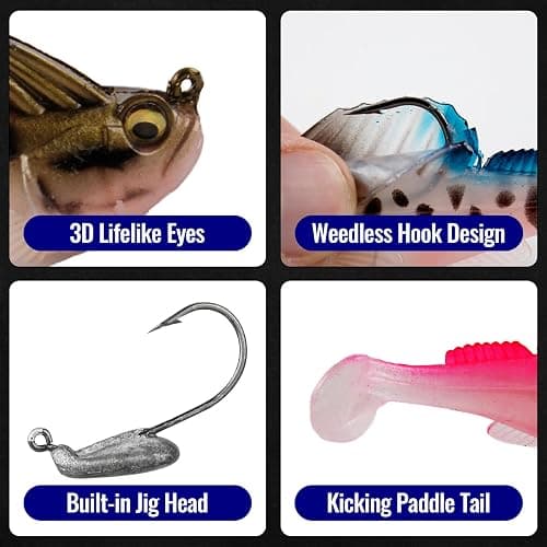 CASTSTRIKE Soft Fishing Lures 5pcs Kit with Tackle Box Weedless Paddle Tail Swimbaits for Bass Trout Crappie Walleye Freshwater Saltwater Life Like Action Durable Plastic Sharp Hooks thumbnail 6