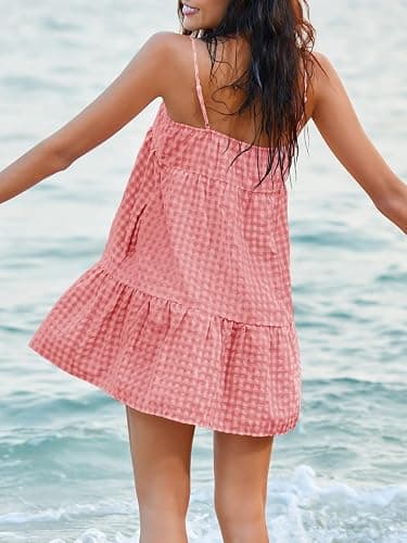 LPCBDEE Womens Plaid A-line Dresses Shoulder Straps Ruffle Hem Casual Mini Dress with Side Pocket thumbnail 3
