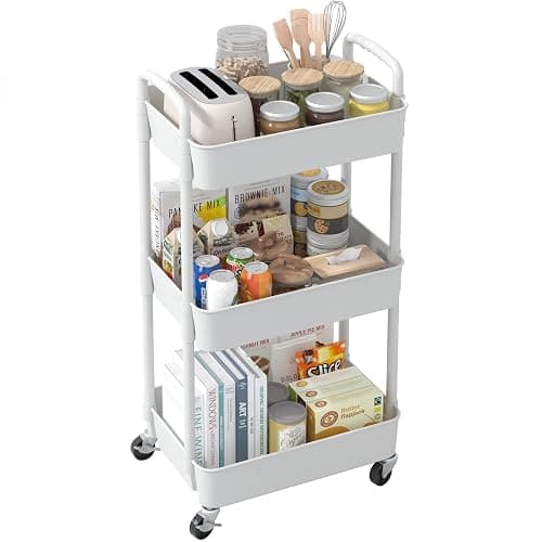 Sywhitta 3-Tier Plastic Rolling Utility Cart with Handle, Multi-Functional Storage Trolley for Office, Living Room, Kitchen, Movable Storage Organizer with Wheels, White thumbnail 9