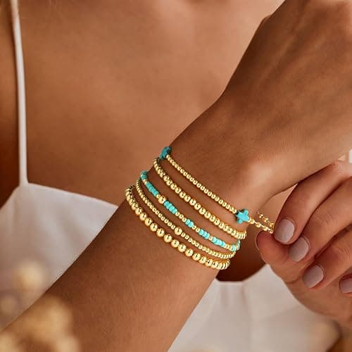 Turandoss 5PCS Gold Beaded Bracelets for Women Teen Girls, 14K Gold Plated | Gold Beaded Bracelet Stack, Dainty Turquoise Cross Pearl Round Ball Bracelet Set, Women Teenage Girls Birthday Gifts Jewelry thumbnail 2