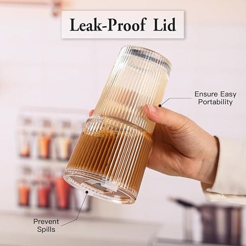 SIPBYSOP 4PCS Ribbed Glass Cups with Lids and Straws, 20oz Vintage Drinking Glasses, Aesthetic Iced Coffee Cups, Glass Tumbler for Boba, Beer, Tea, Cocktails, Ribbed Glassware Set,Clear thumbnail 5