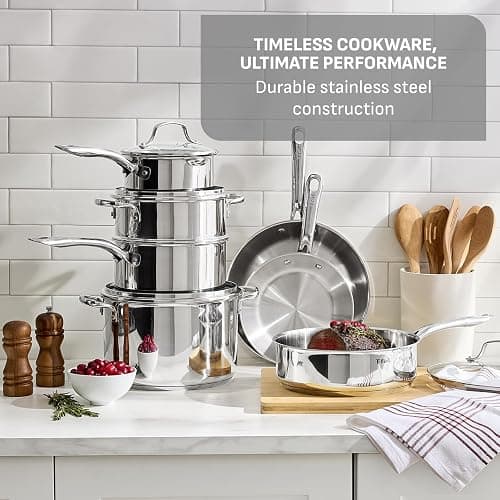 T-fal Stainless Steel Cookware Set, 11 Piece, Induction Cookware, Oven Safe to 500°F, Kitchen Cooking Set w/Fry Pans, Pots and Pans, Dutch Oven, Saucepans, Kitchen Essentials, Silver thumbnail 3