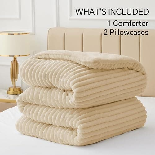 BEDELITE Fleece Queen Comforter Set -Super Soft & Warm Fluffy Beige Bedding, Luxury Fuzzy Heavy Bed Set for Winter with 2 Pillow Cases thumbnail 6
