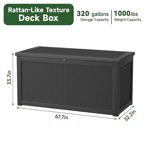 PatioZen 320 Gallon Resin Deck Box, Lockable Patio Outdoor Storage Box for Furniture, Garden Tools and Tools Storage, Waterproof Outside Storage Boxes - Black thumbnail 3