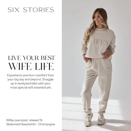 Six Stories | Oversized Wifey Statement Sweatshirt for Newlywed Bride | Soft & Cozy Embroidered Champagne Crewneck Sweater thumbnail 4