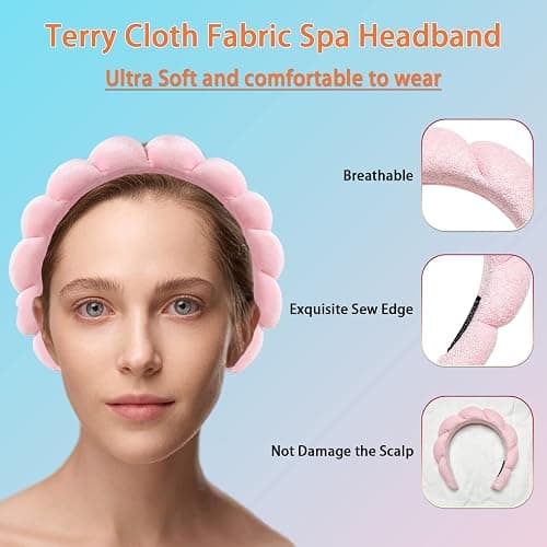 Ycfish Puffy Makeup Headband Spa Headbands for Women Sponge & Terry Towel Cloth Fabric Cute Skincare Headband for Face Washing, Makeup Removal, Shower, Facial Mask (Pink) thumbnail 6