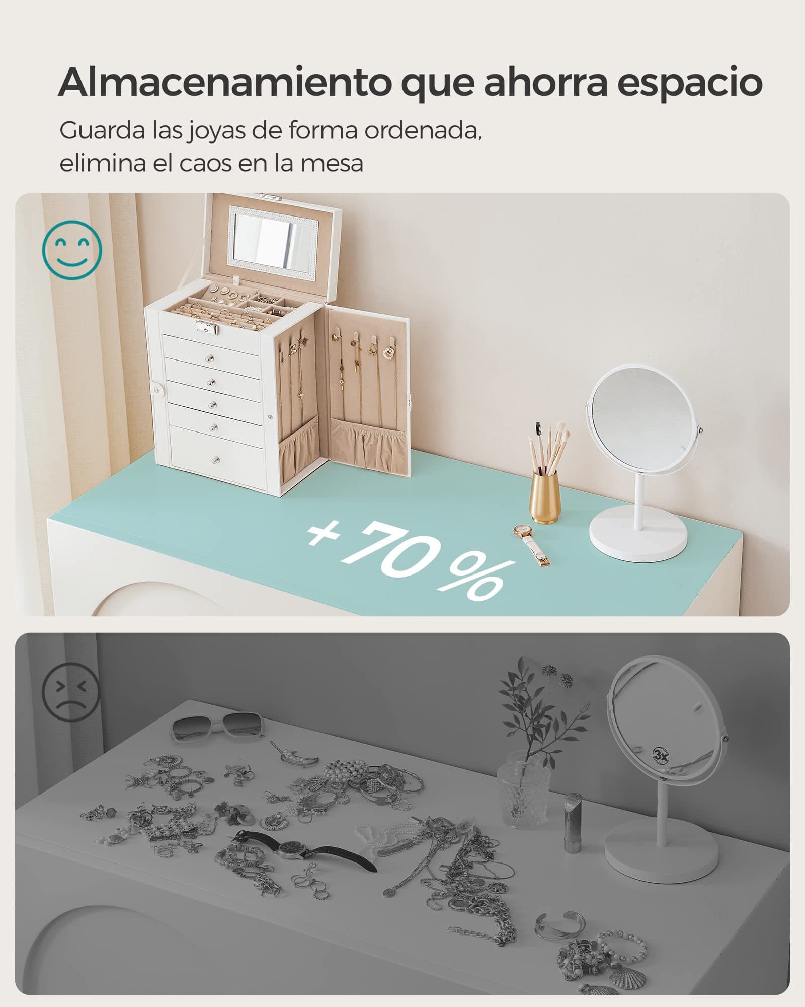 SONGMICS Caja para Joyas de 6 Niveles, Caja Joyero con 5 Cajones, Espejo, Cerradura, Superficie Blanco Nube y Forro Beige Arena MJBC152W01 thumbnail 9