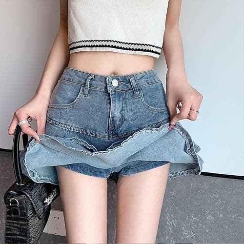 SMIUPIN Women's Casual Denim Mini Skirt Ruffled Slim A-line Pleated Jean Short Skirt thumbnail 3