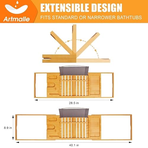 Artmalle Luxury Bathtub Caddy Tray for Tub - Foldable Bamboo Bath Table Tray with Book and Wine Glass Holder, Expandable Bathroom Accessories for Spa or Reading Lite Style thumbnail 3