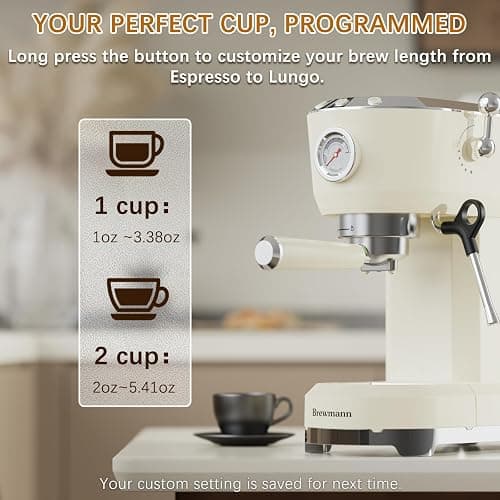 Brewmann Espresso Machine 20 Bar, Latte and Cappuccino Machine with Steam Milk Frother, Fast Heating, Professional Espresso Maker for Home, 42oz Removable Water Tank, Cream thumbnail 6